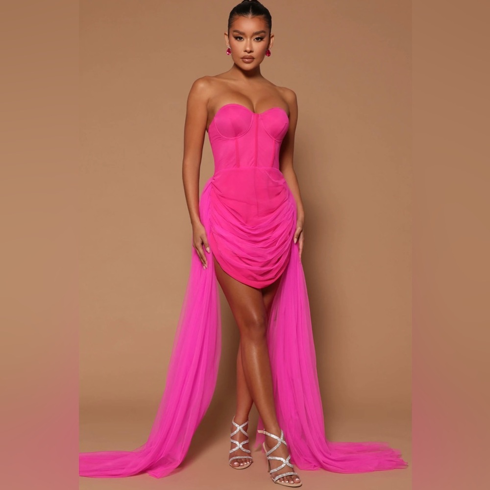 Fashion Nova Hot Pink Strapless High-Low Tulle Dress